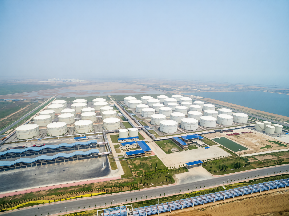 Aerial view of storage tanks and a tanker ship at a refinery terminal