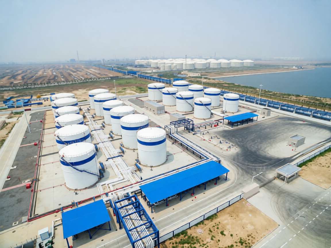 Storage tanks and a tanker ship at a port tank farm