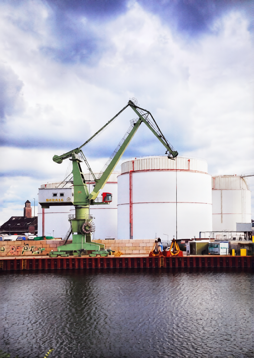 Storage tanks and a tanker at a petroleum port in Rotterdam, Netherlands